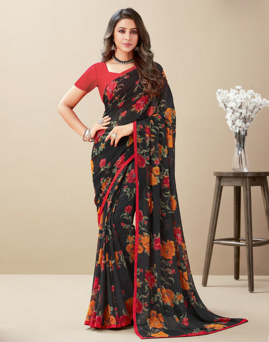 Black Floral Printed Saree