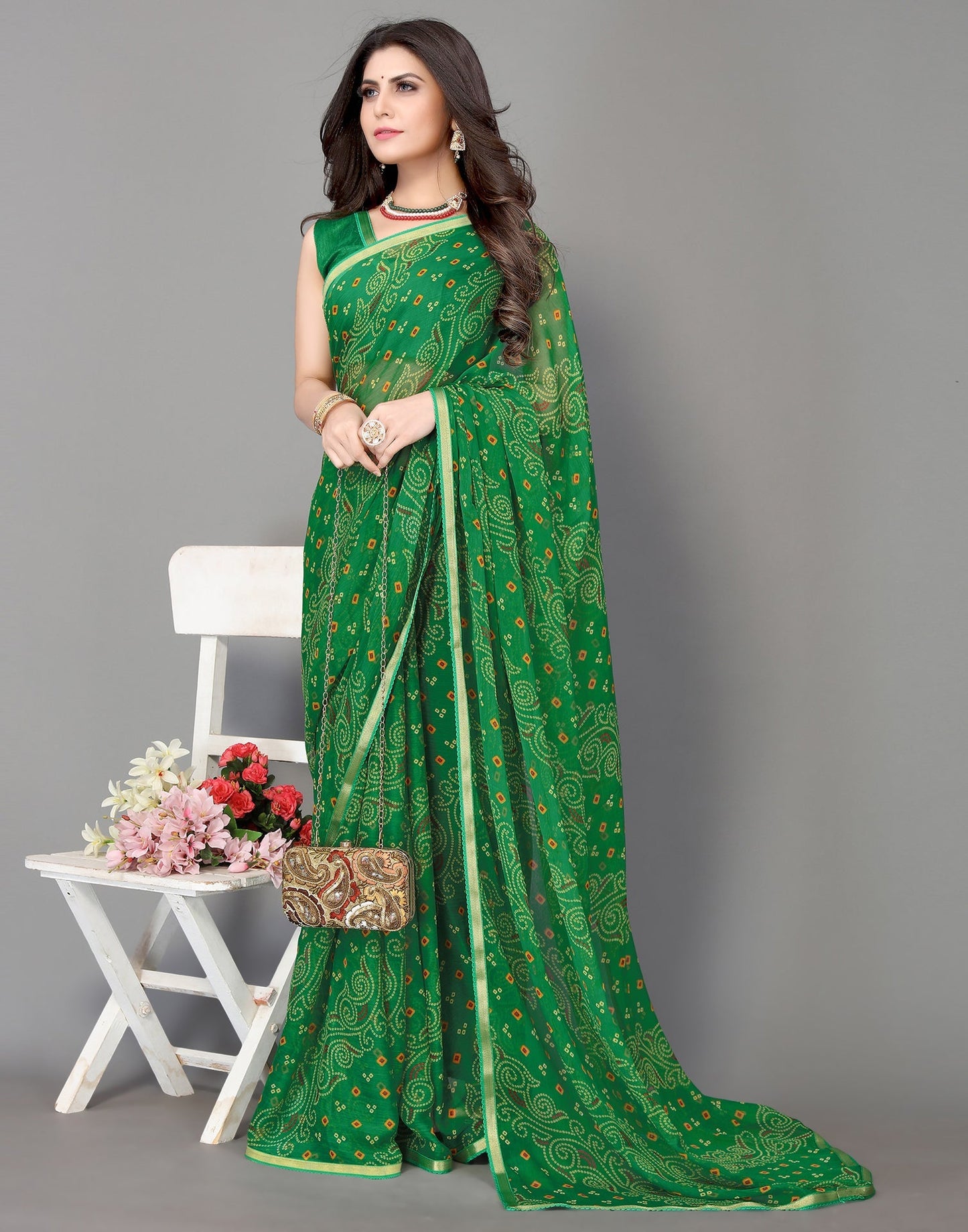 Green Bandhani Printed Saree