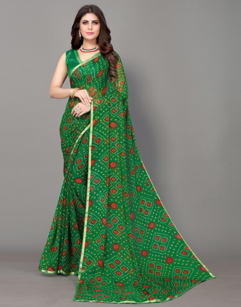 Green Bandhani Printed Saree