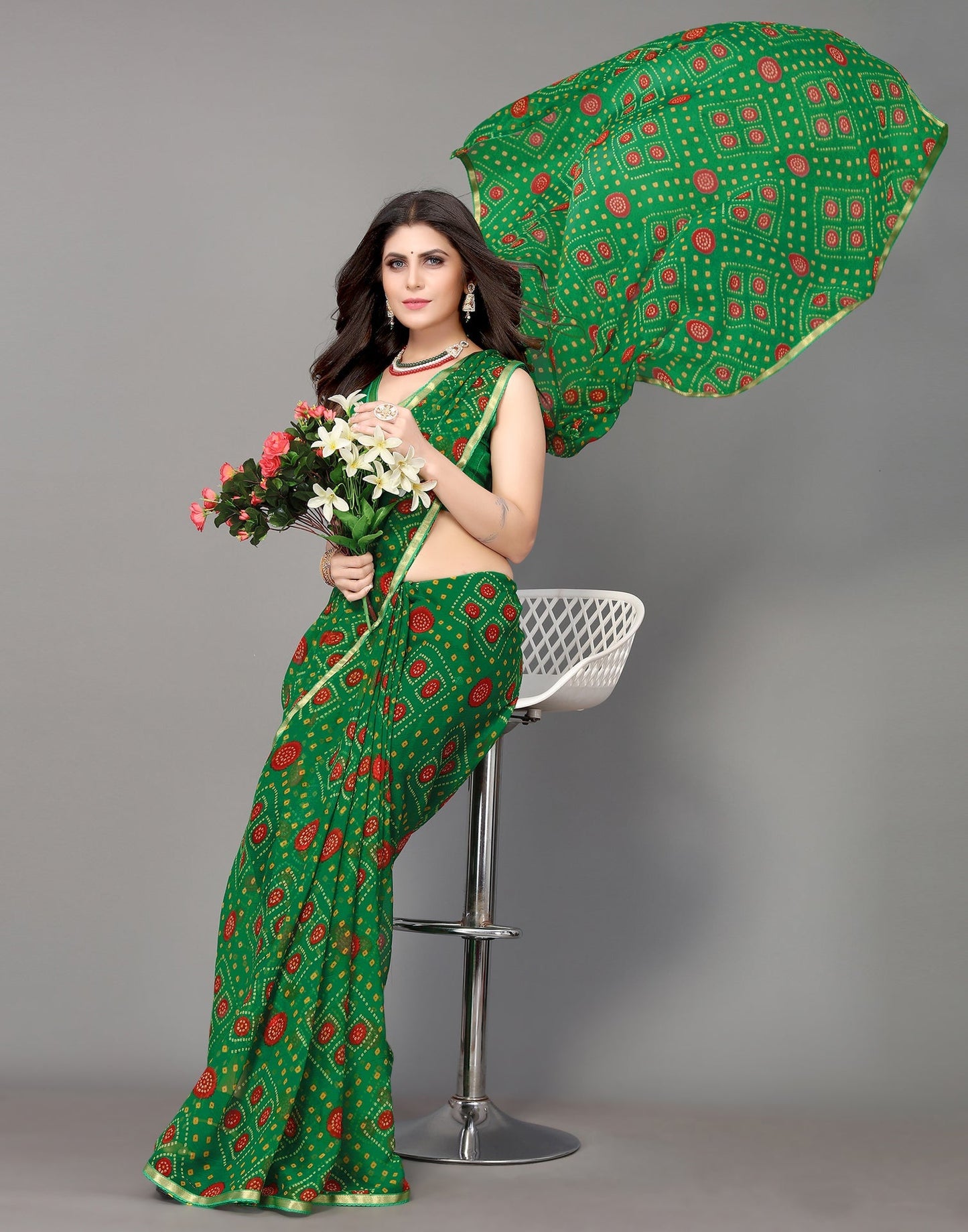 Green Bandhani Printed Saree