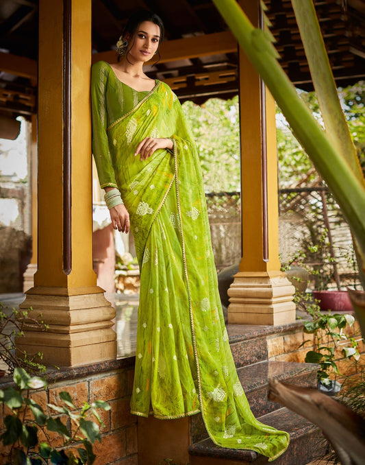 Parrot Green Chiffon Saree