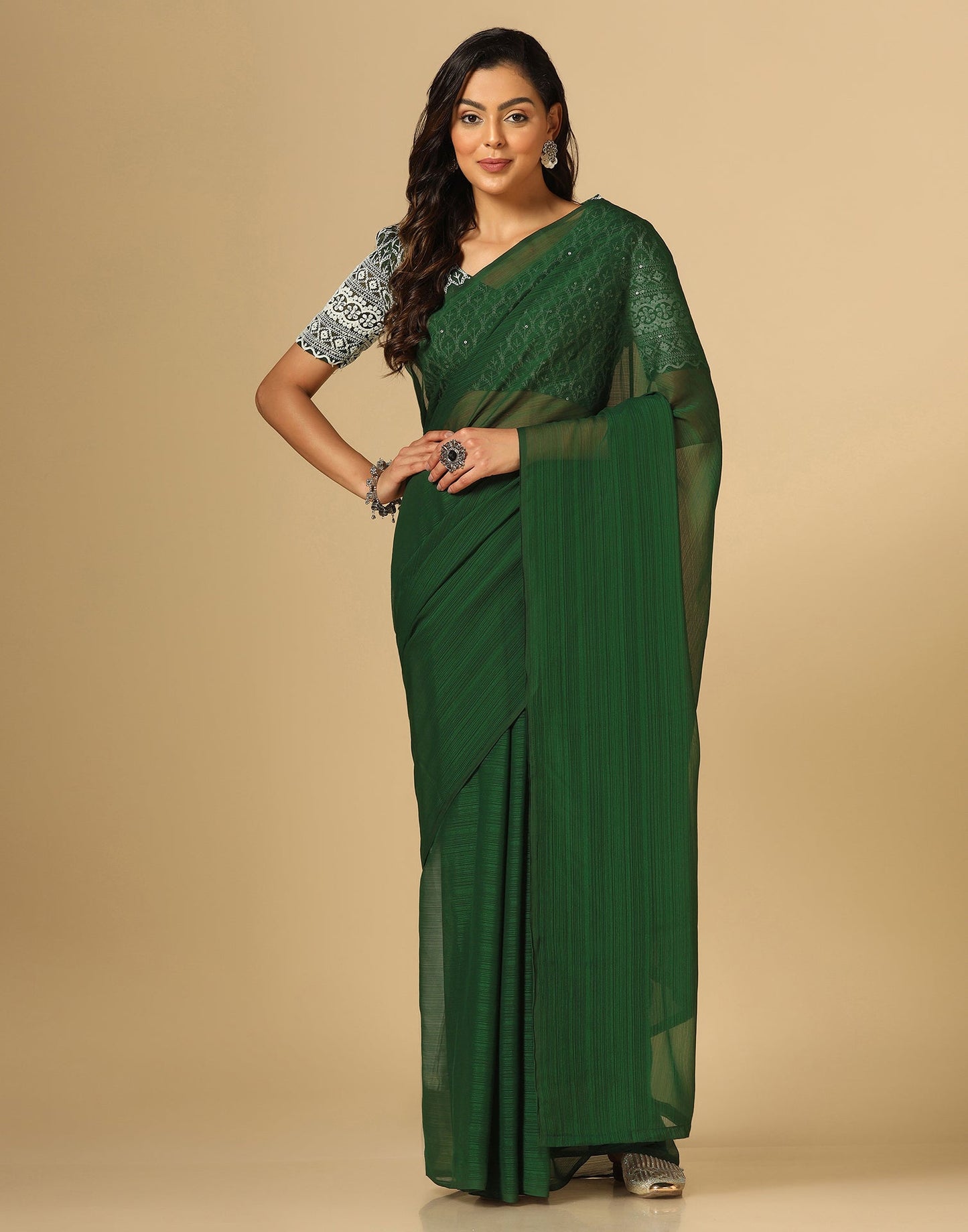 Green Georgette Plain Saree