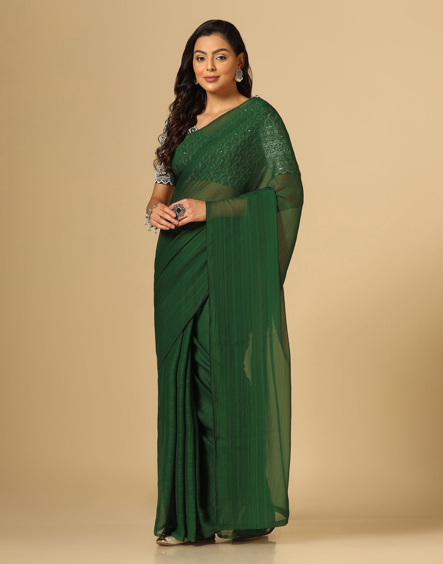 Green Georgette Plain Saree