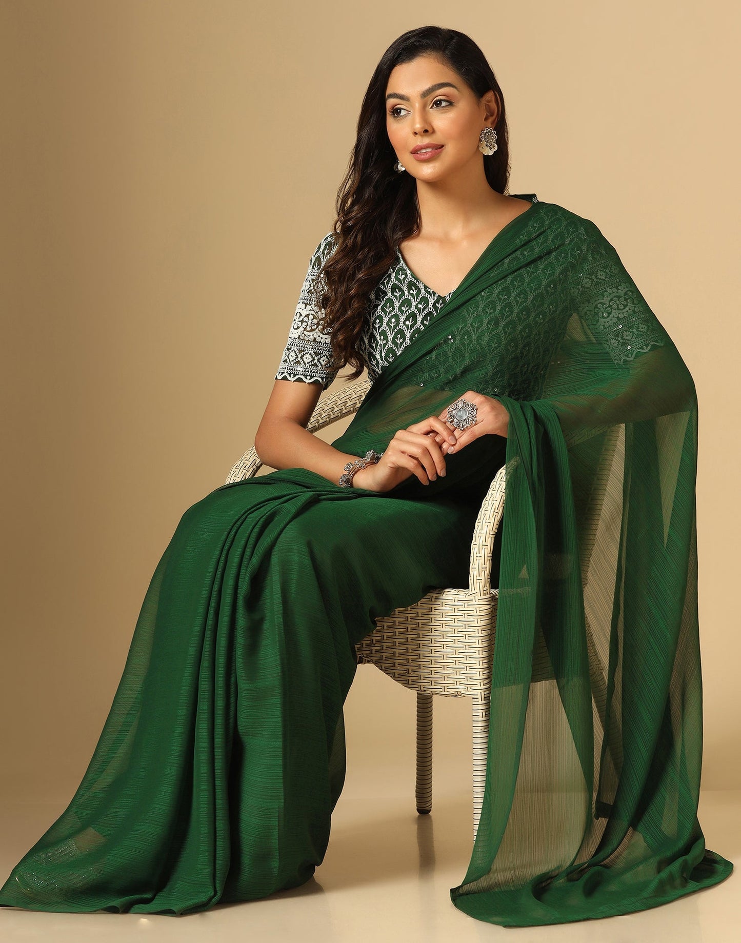 Green Georgette Plain Saree