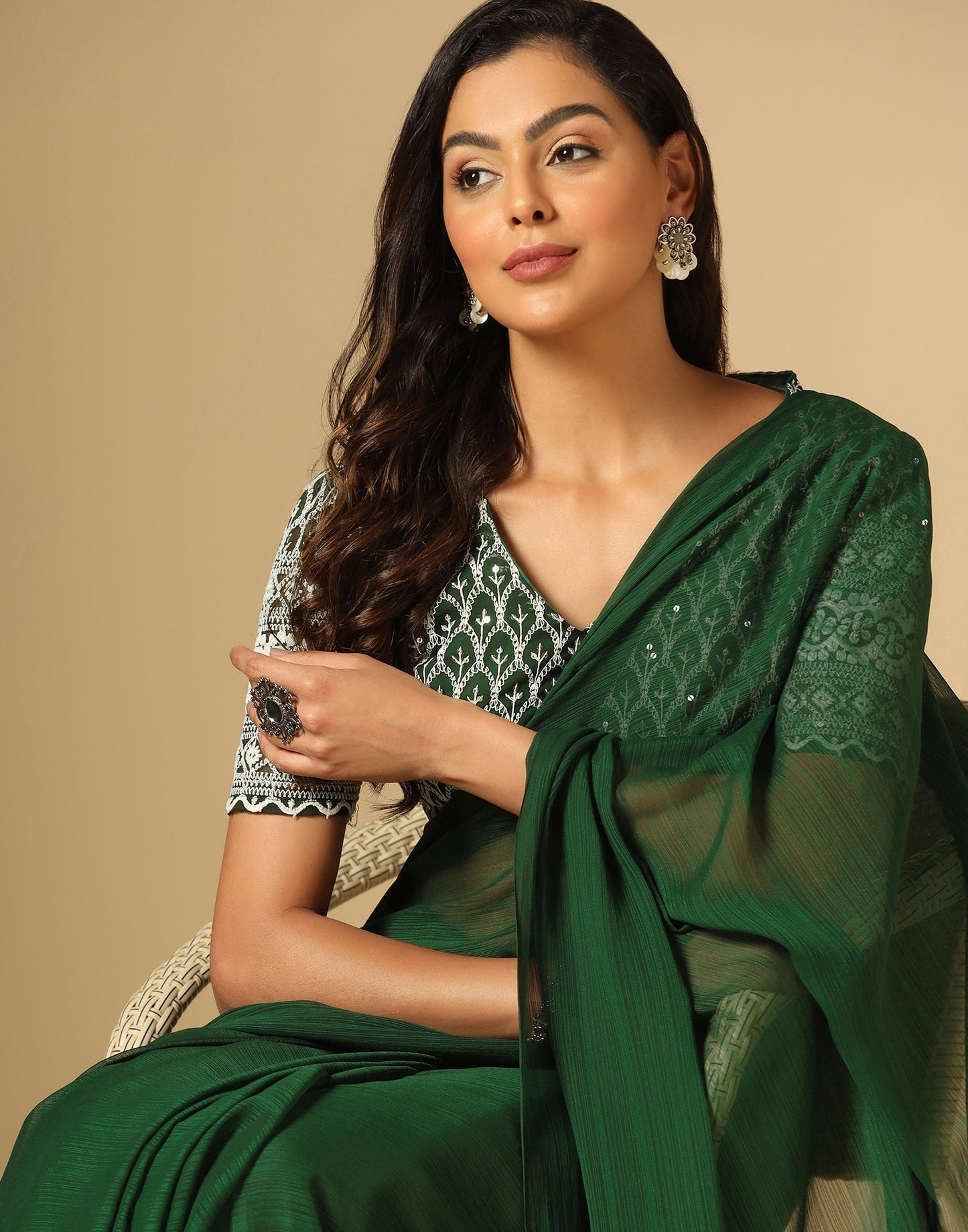 Green Georgette Plain Saree