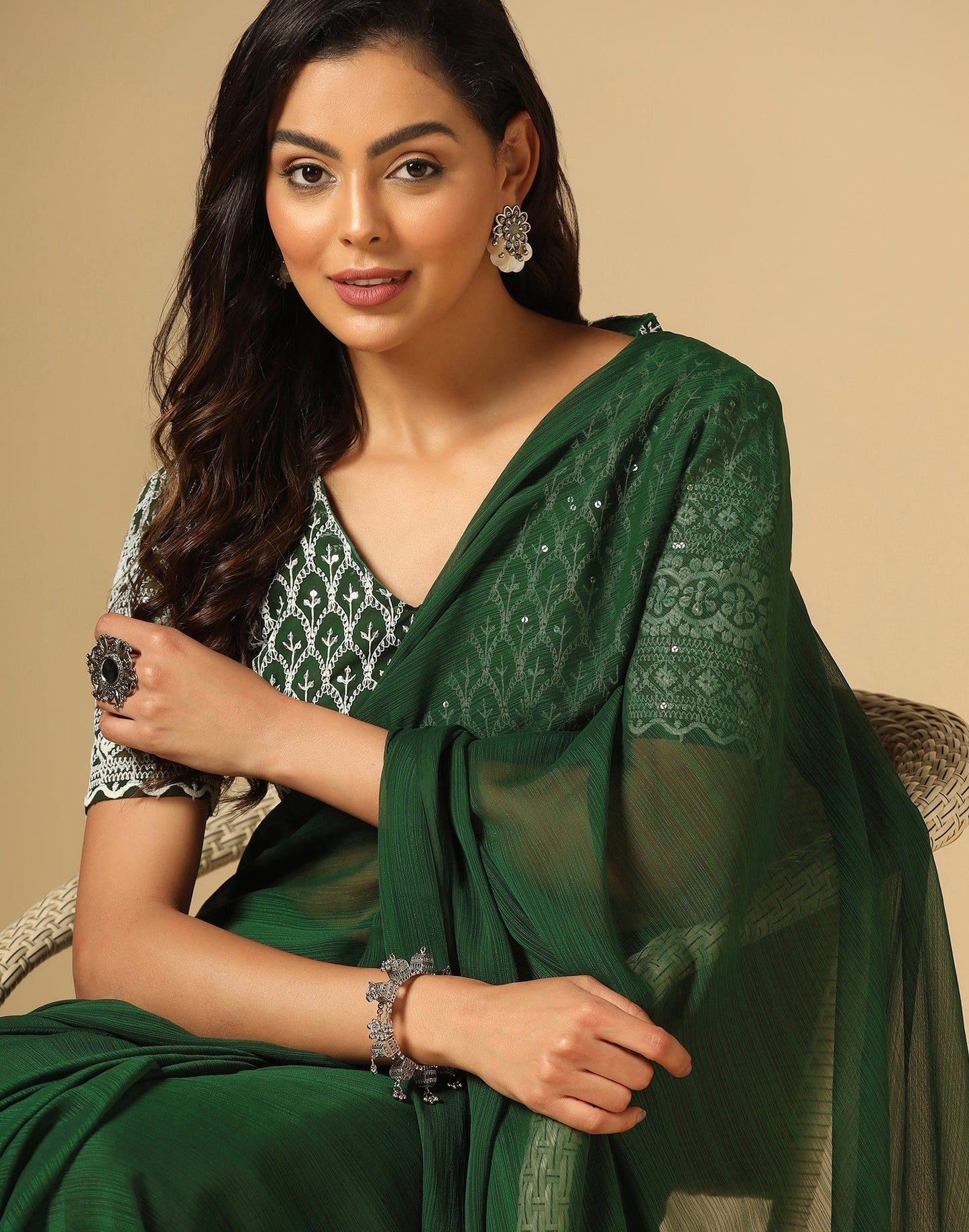 Green Georgette Plain Saree