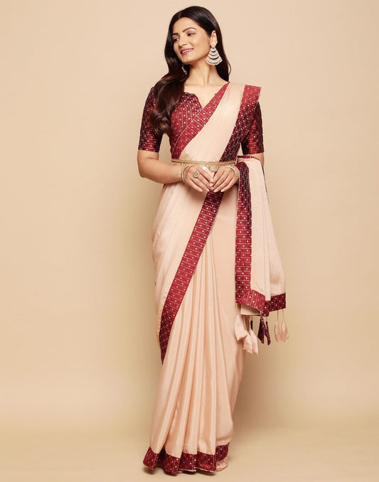 Beige Chiffon Plain Saree