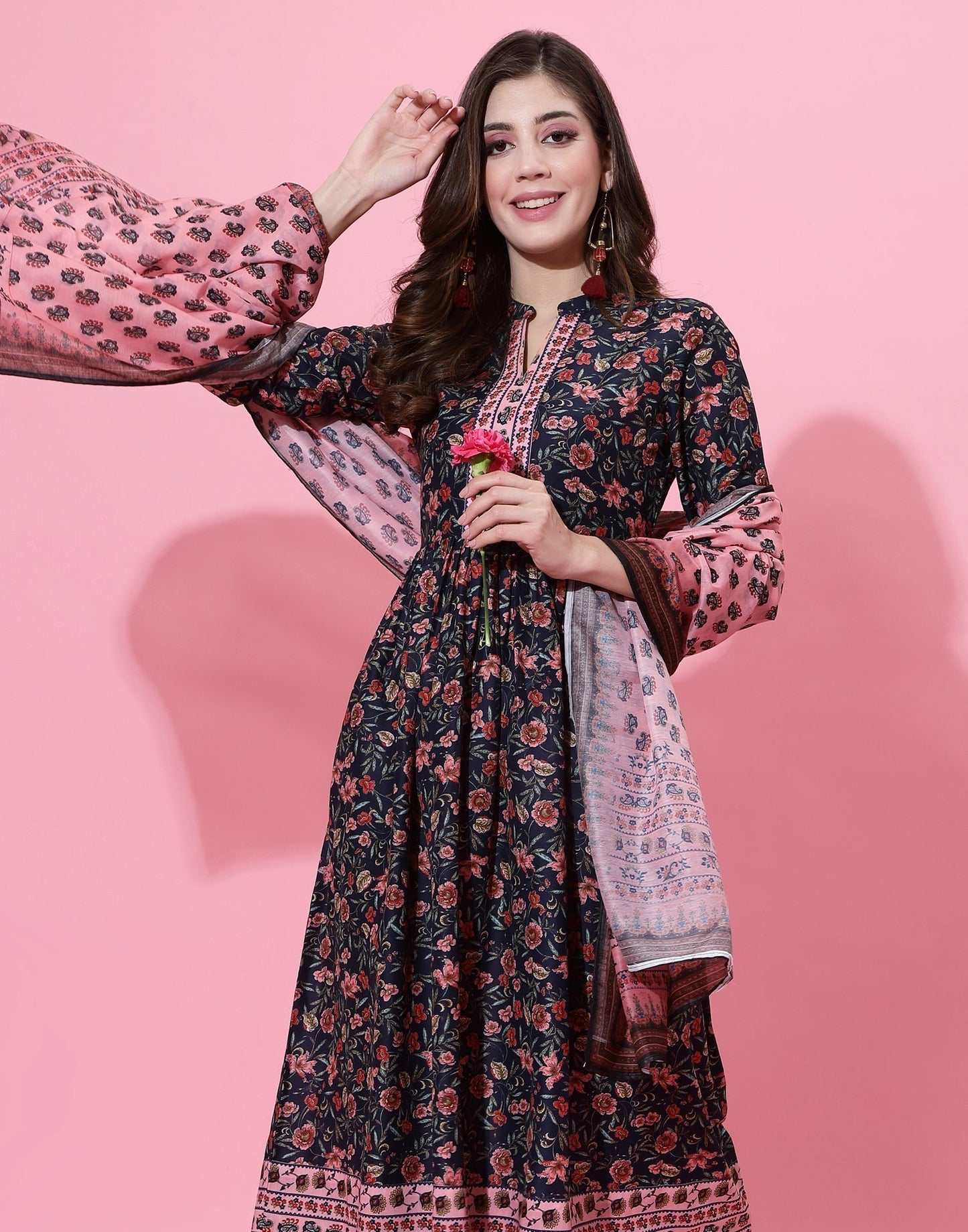 Black Floral Kurti With Pant And Dupatta