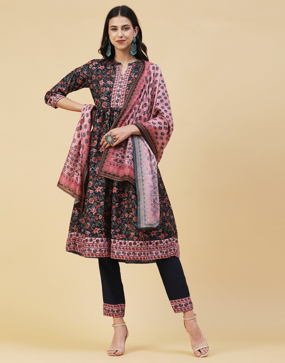 Black Floral Kurti With Pant And Dupatta