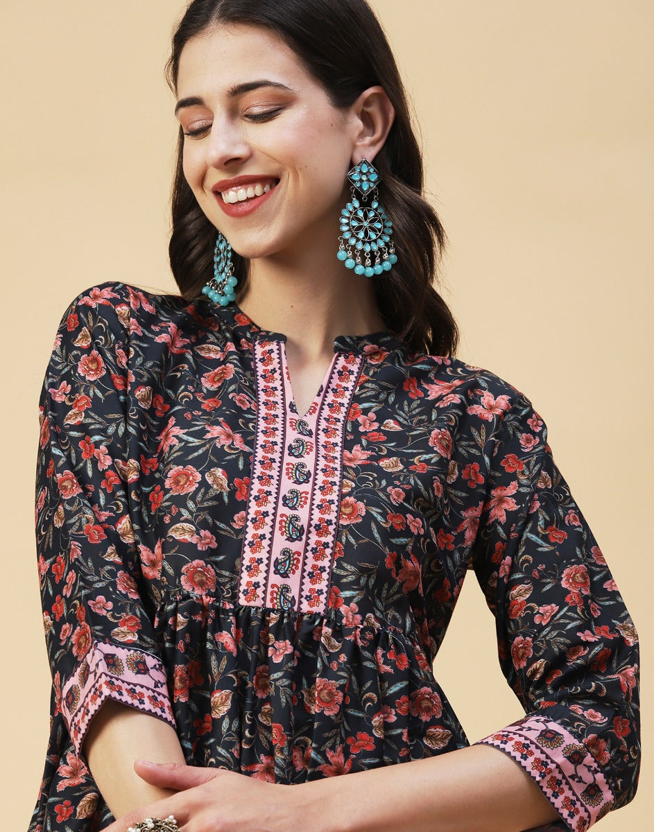 Black Floral Kurti With Pant And Dupatta