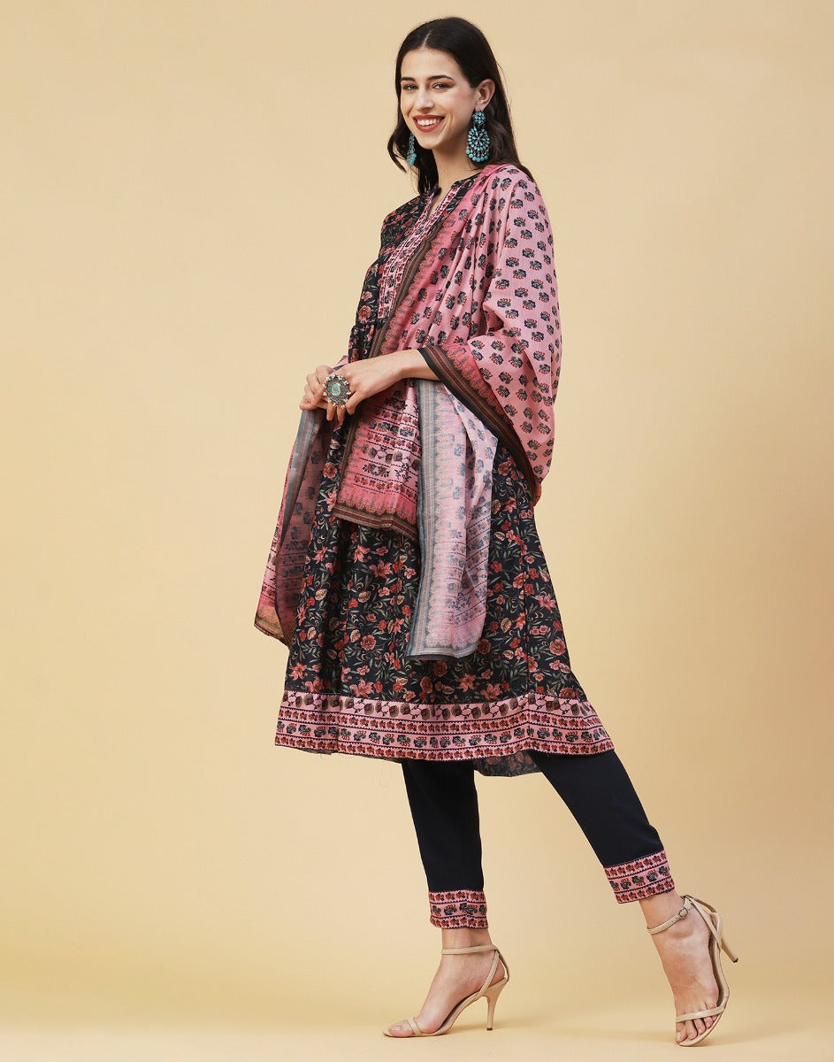 Black Floral Kurti With Pant And Dupatta