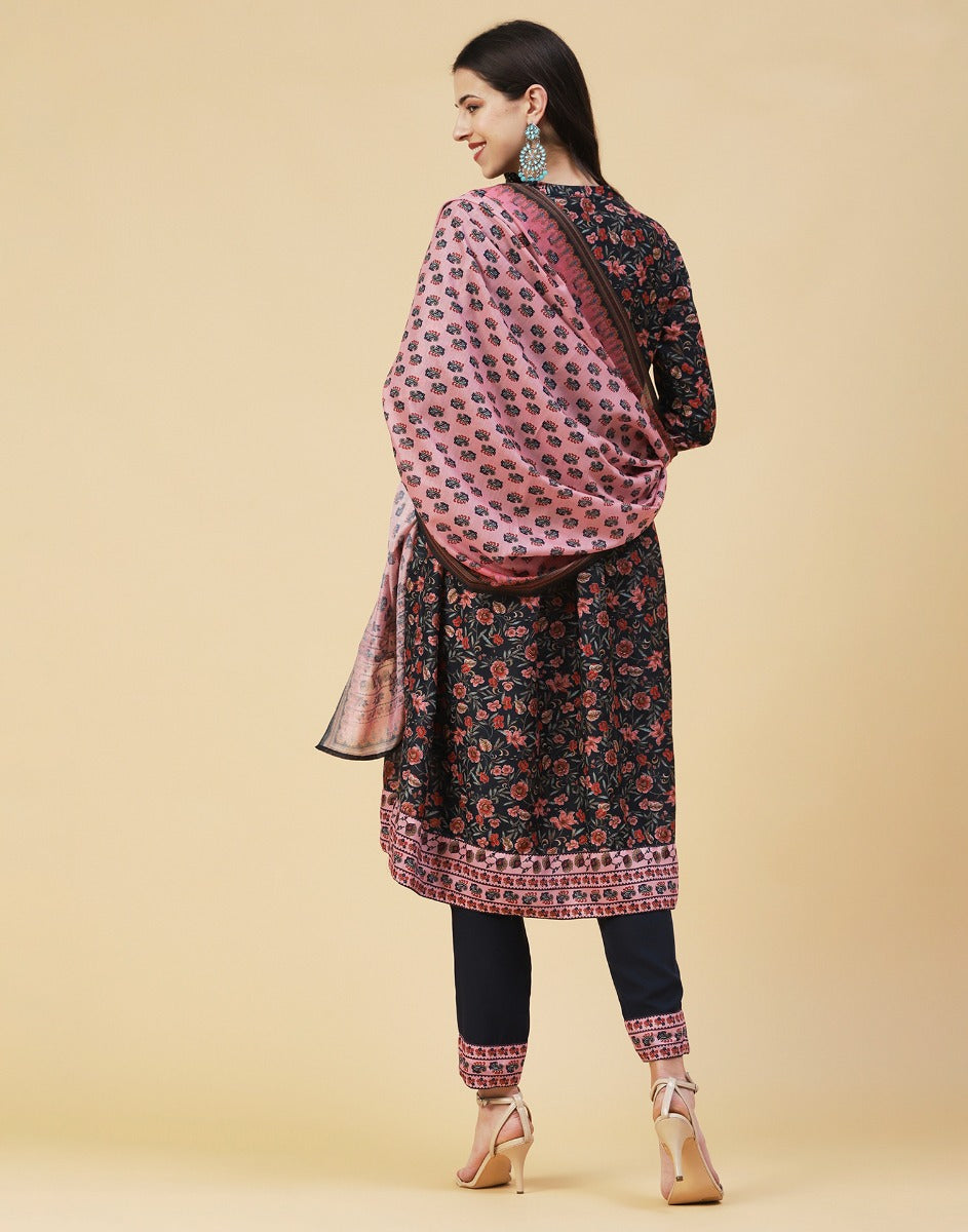 Black Floral Kurti With Pant And Dupatta