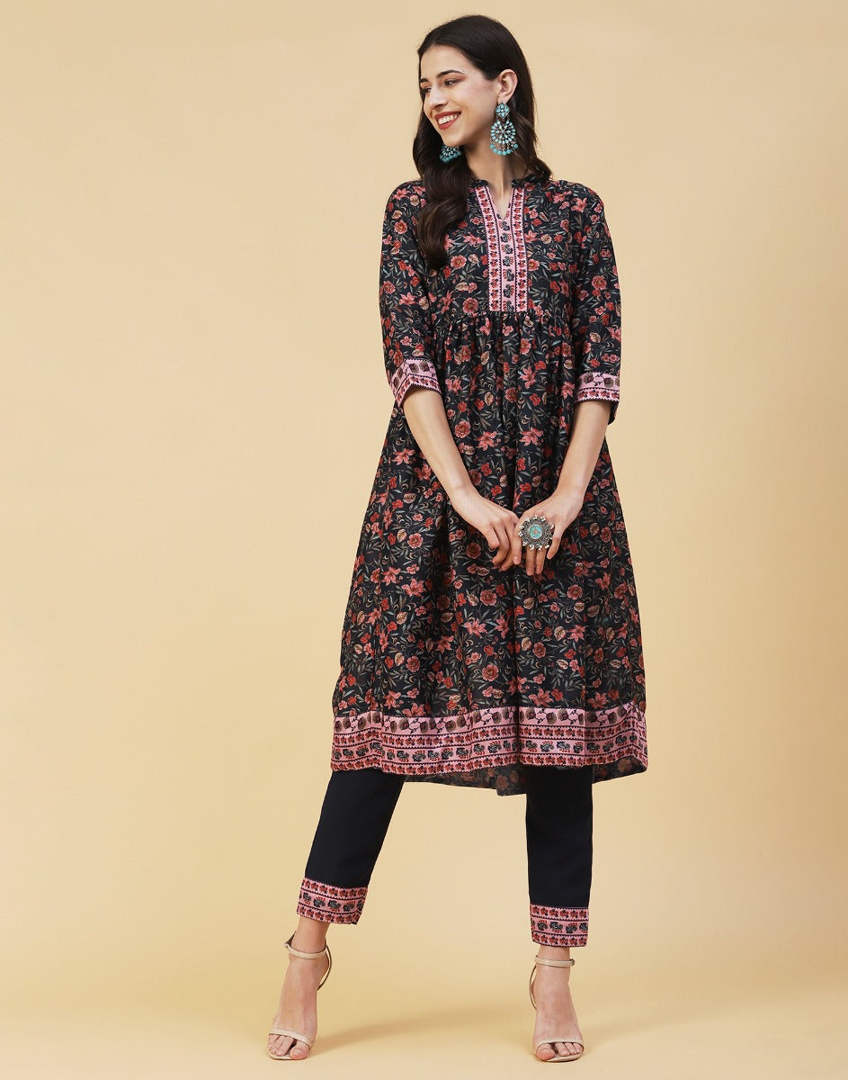 Black Floral Kurti With Pant And Dupatta