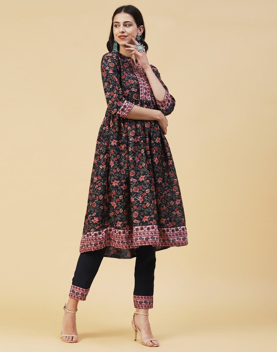 Black Floral Kurti With Pant And Dupatta