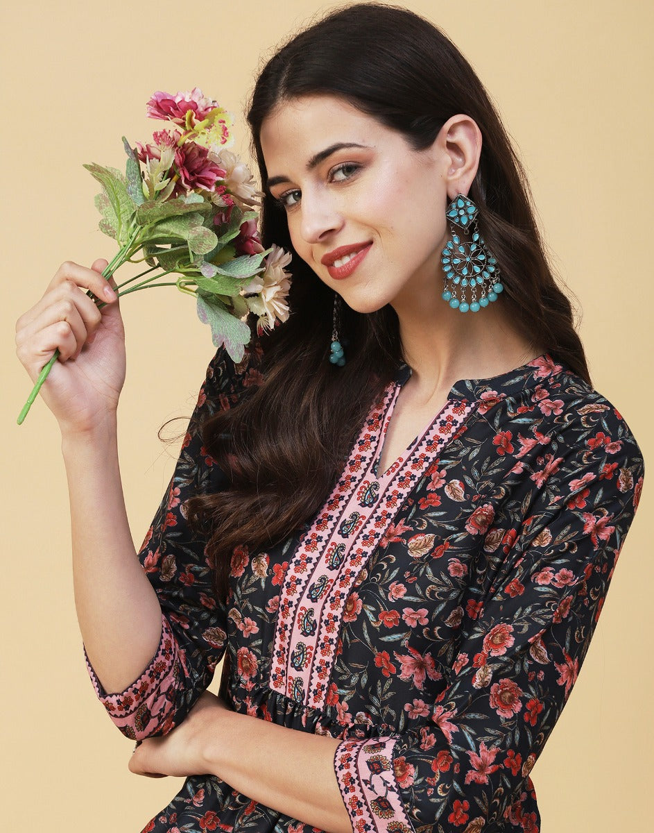 Black Floral Kurti With Pant And Dupatta