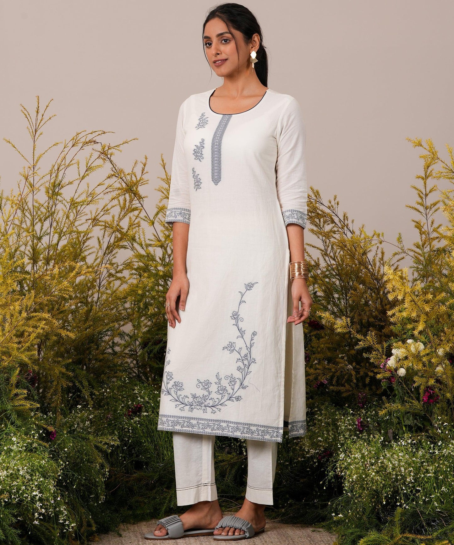 Off White Woven Design Cotton Straight Suit With Dupatta