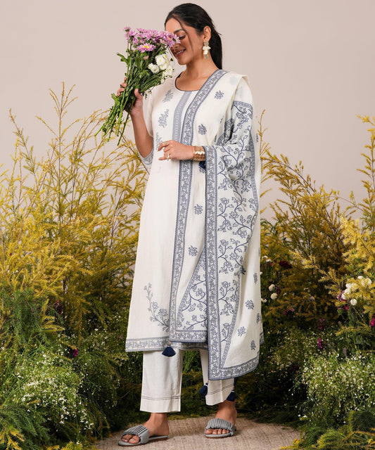 Off White Woven Design Cotton Straight Suit With Dupatta