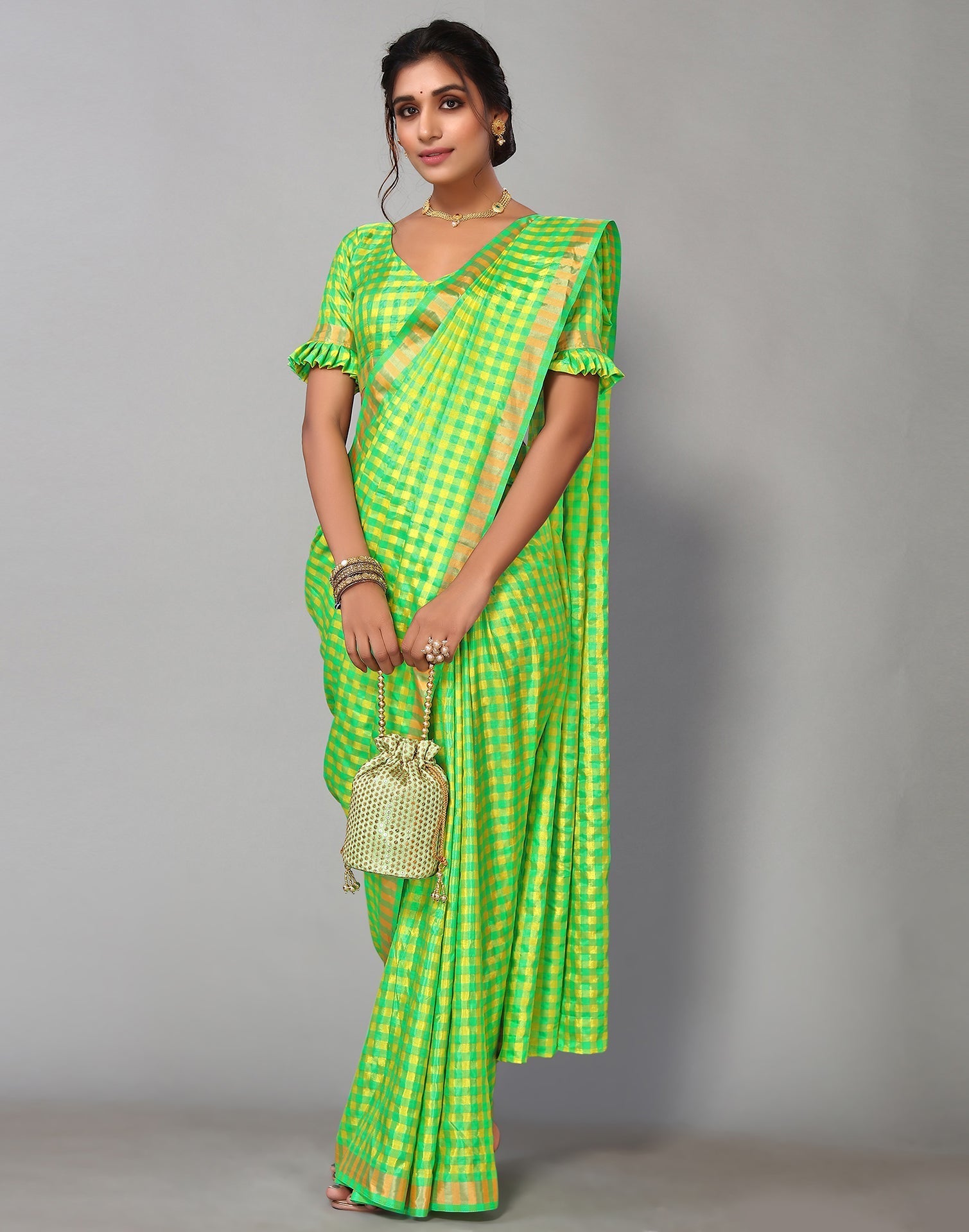 Parrot Green Silk Geometric Woven Saree