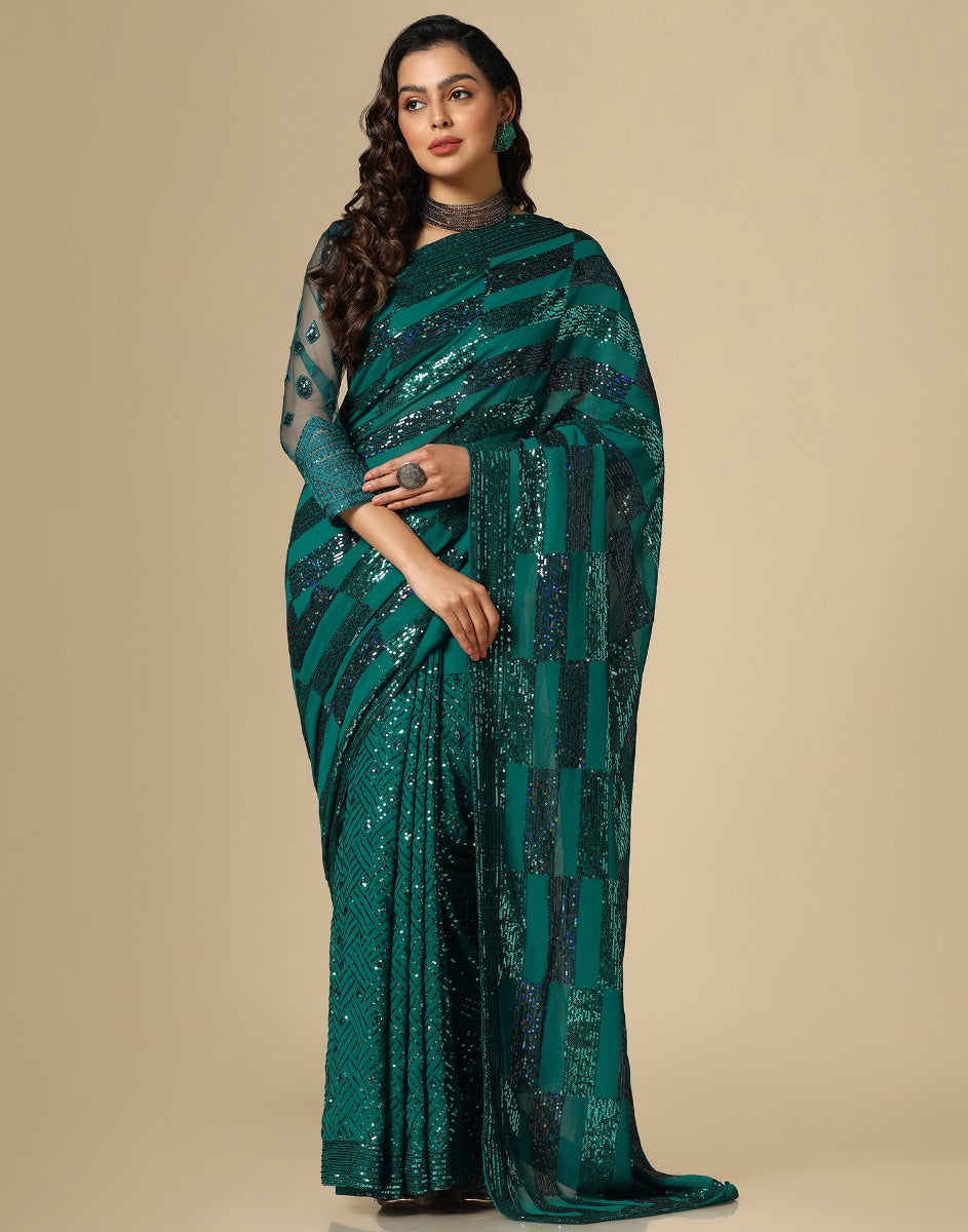 Green Georgette Sequence Saree