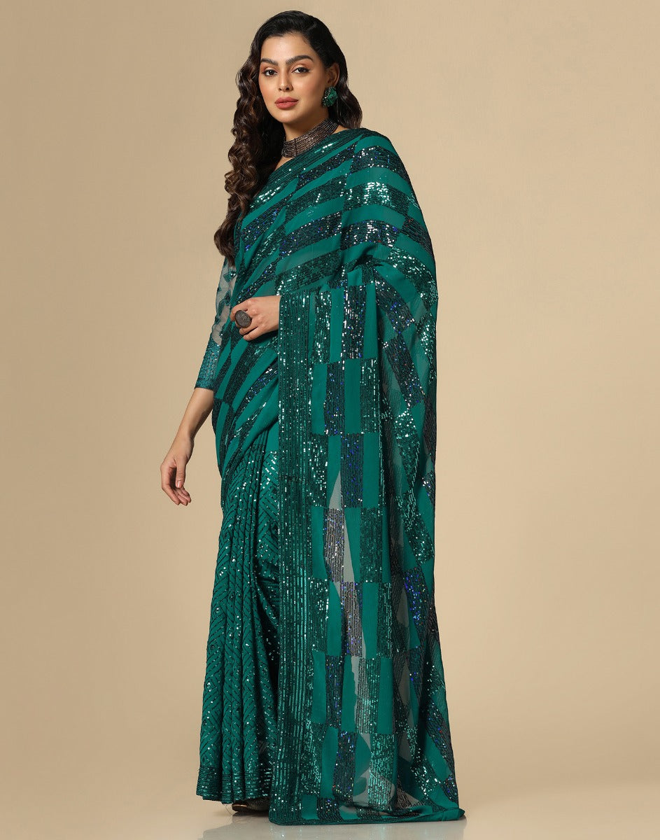 Green Georgette Sequence Saree