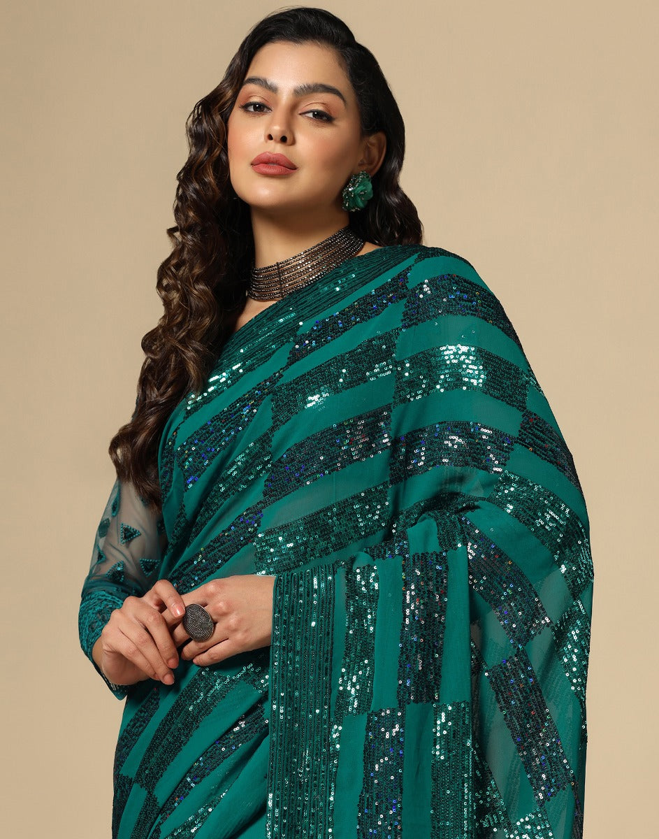 Green Georgette Sequence Saree