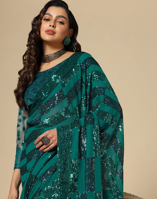 Green Georgette Sequence Saree