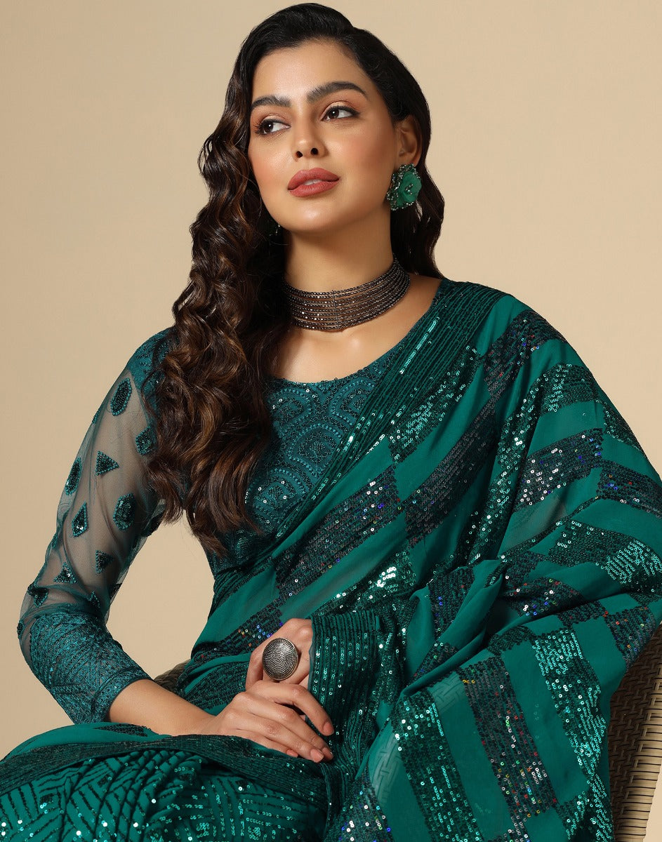 Green Georgette Sequence Saree