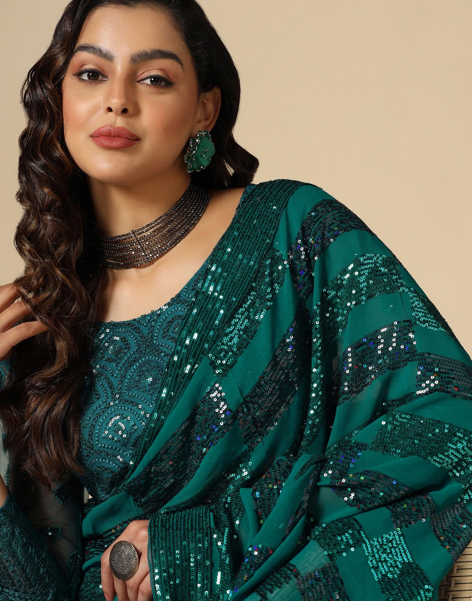 Green Georgette Sequence Saree