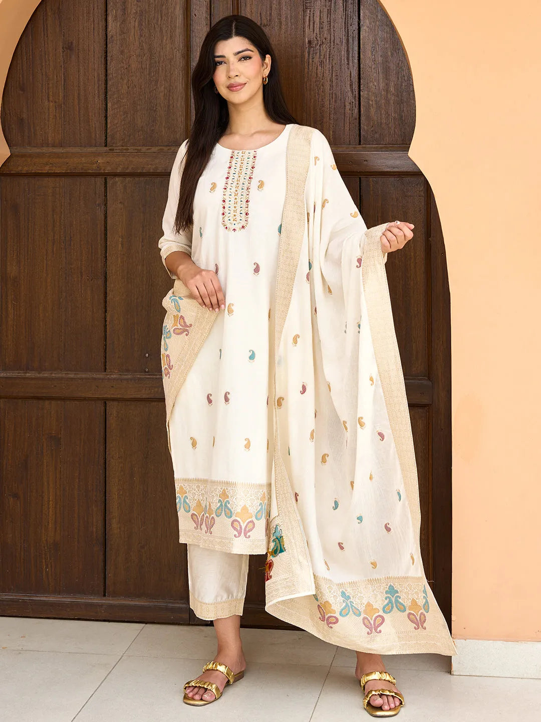 Off White Woven Design Cotton Straight Suit With Dupatta