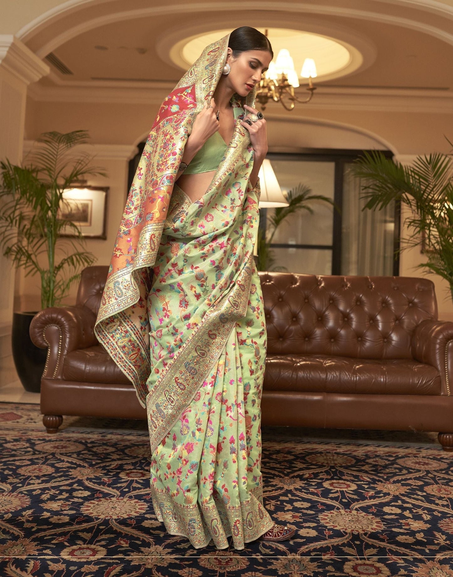 Olive Green Silk Kashmiri Saree