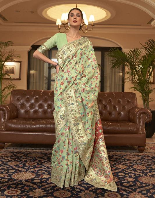 Olive Green Silk Kashmiri Saree