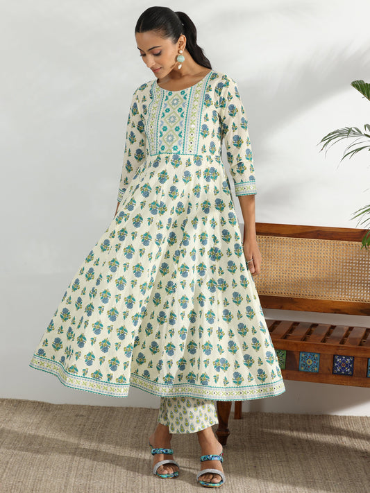 Off White Printed Cotton Anarkali Kurta Set