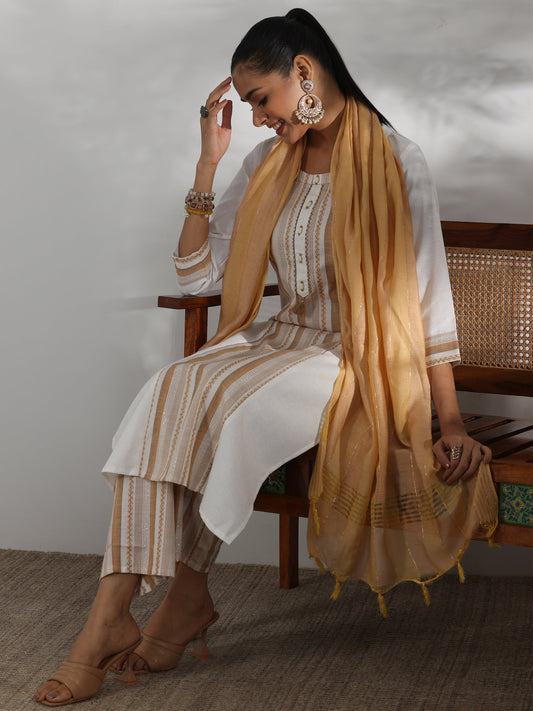 Off White Printed Cotton Blend Straight Suit With Dupatta