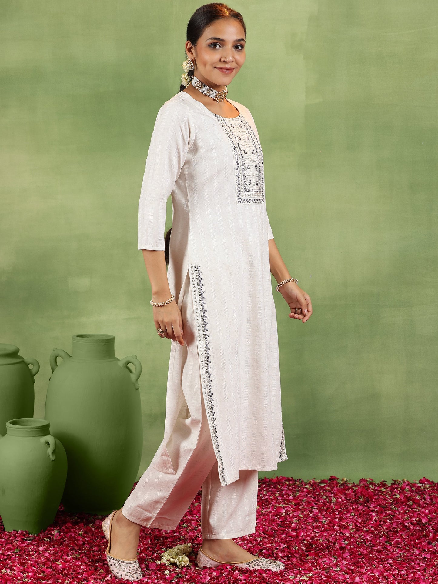 Off White Woven Design Cotton Blend Straight Suit With Dupatta