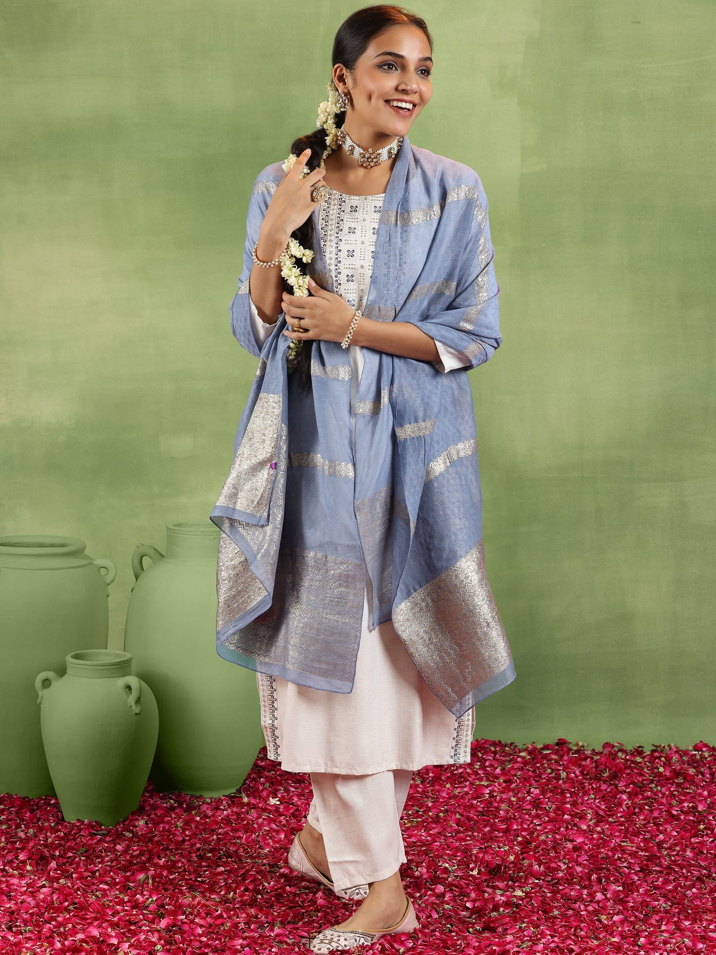 Off White Woven Design Cotton Blend Straight Suit With Dupatta