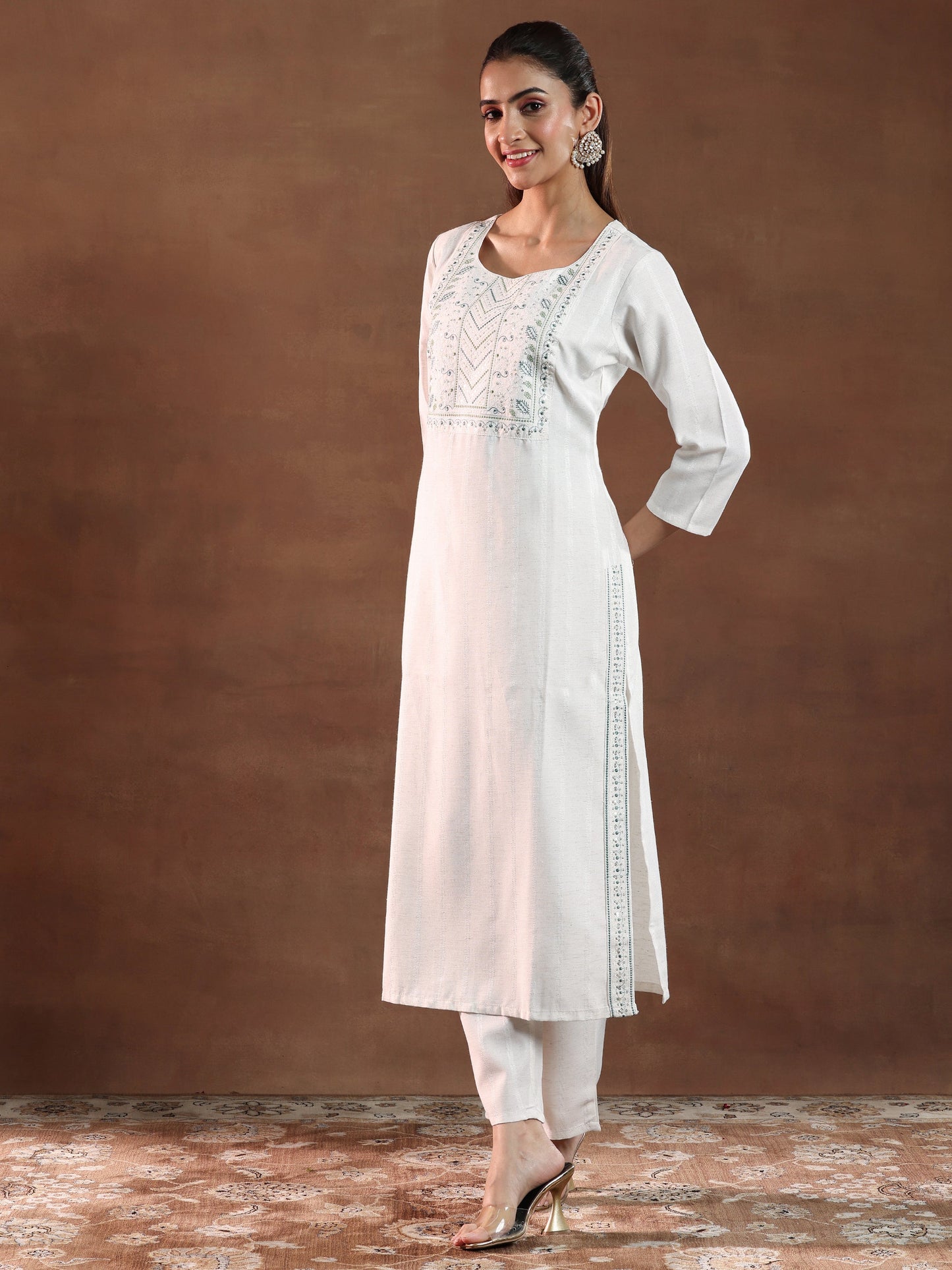 Off White Yoke Design Cotton Blend Straight Suit With Dupatta