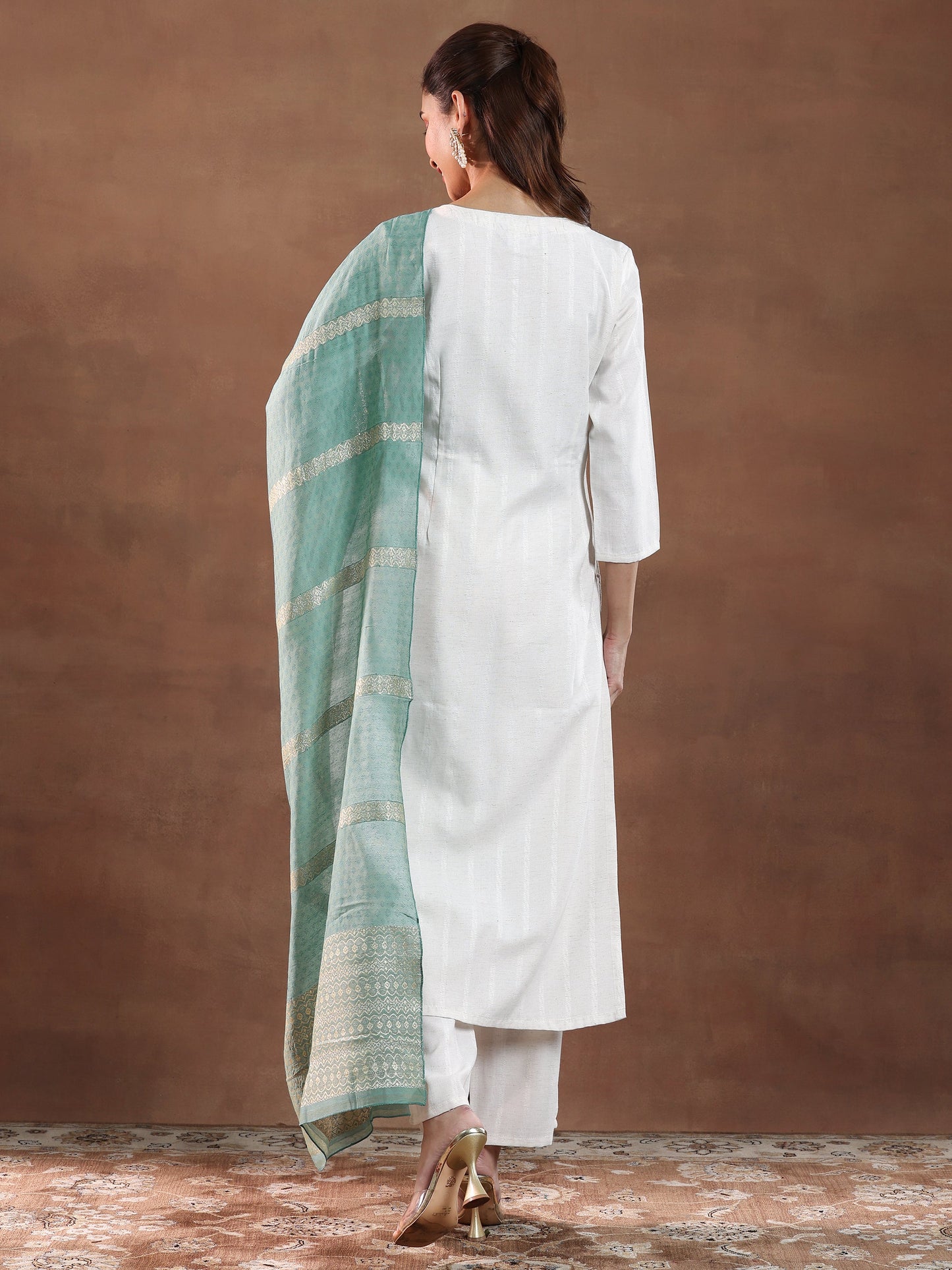 Off White Yoke Design Cotton Blend Straight Suit With Dupatta