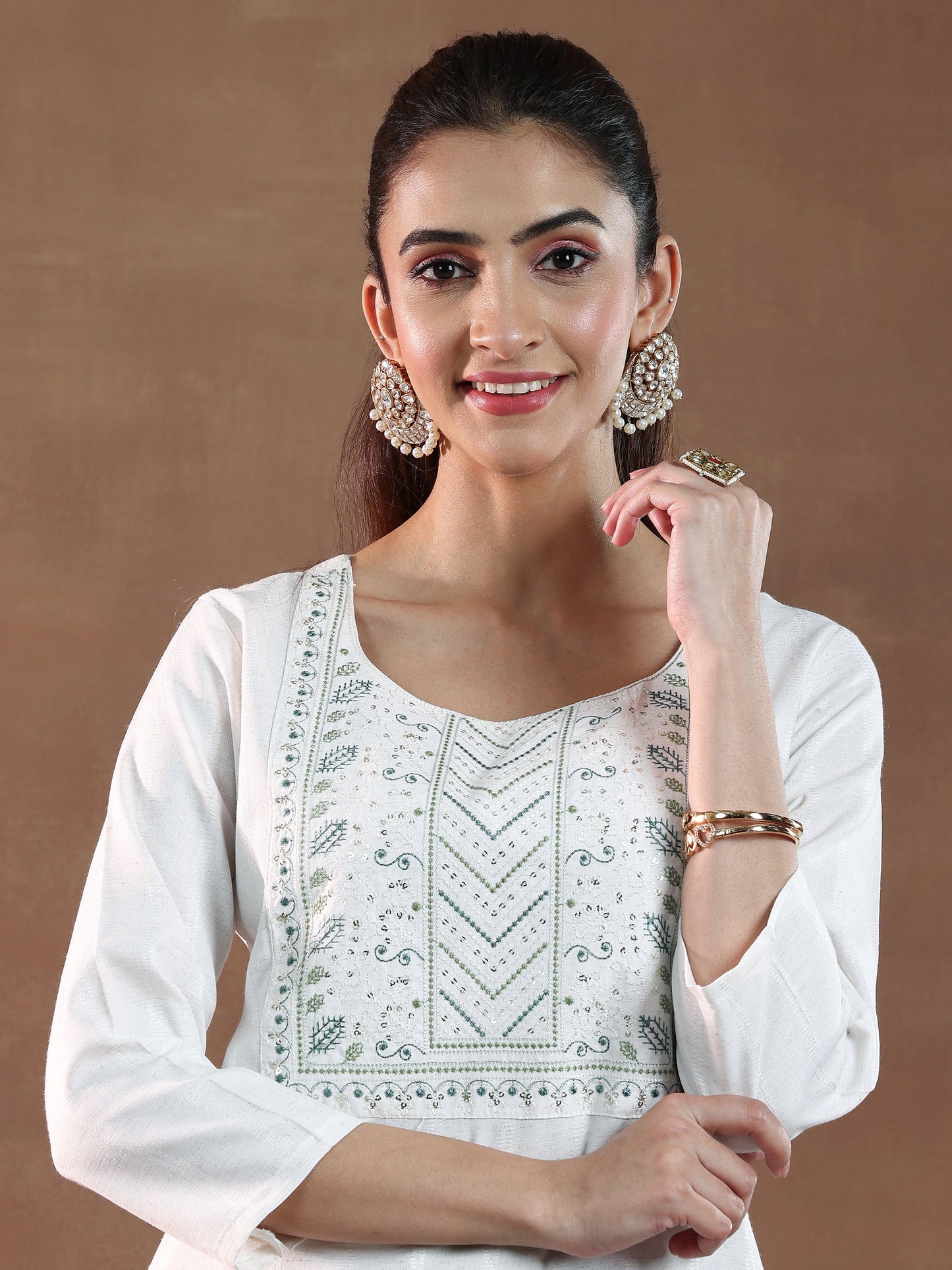 Off White Yoke Design Cotton Blend Straight Suit With Dupatta