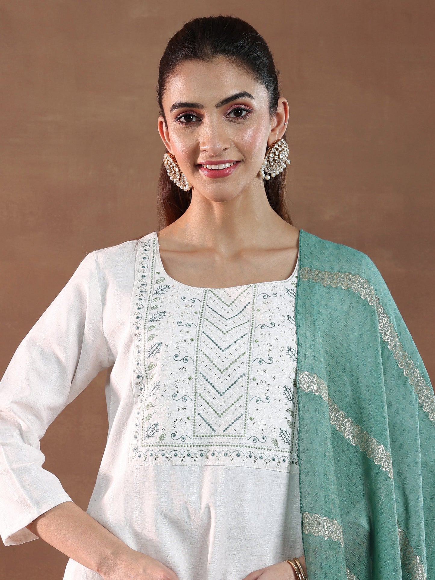 Off White Yoke Design Cotton Blend Straight Suit With Dupatta