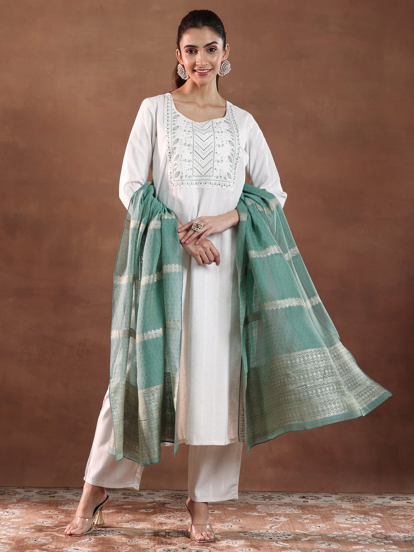 Off White Yoke Design Cotton Blend Straight Suit With Dupatta