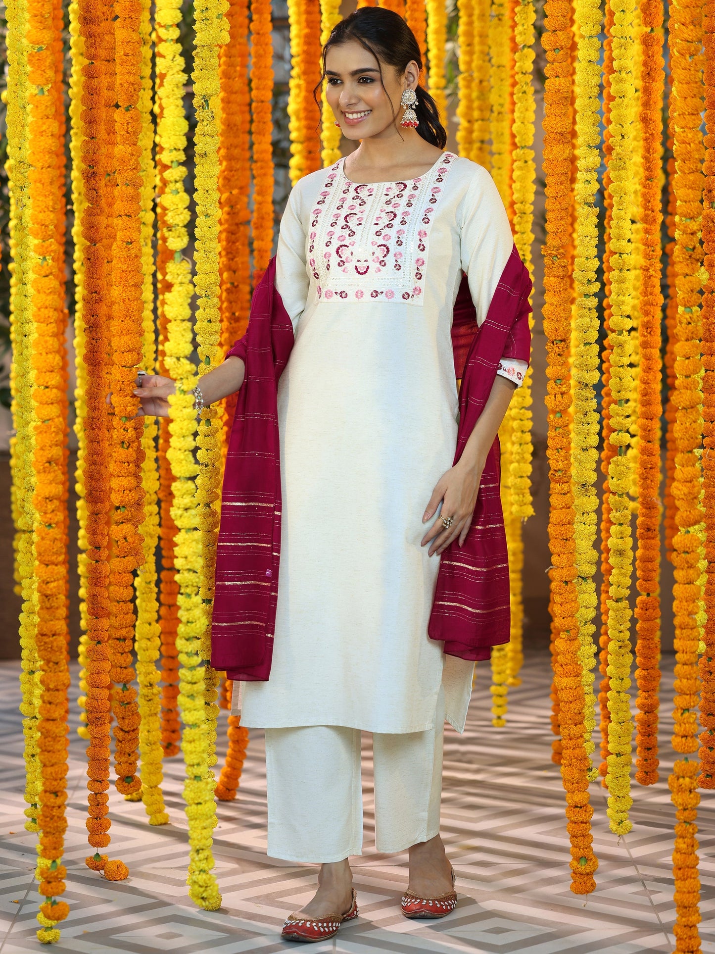 Off White Yoke Design Cotton Blend Straight Suit With Dupatta