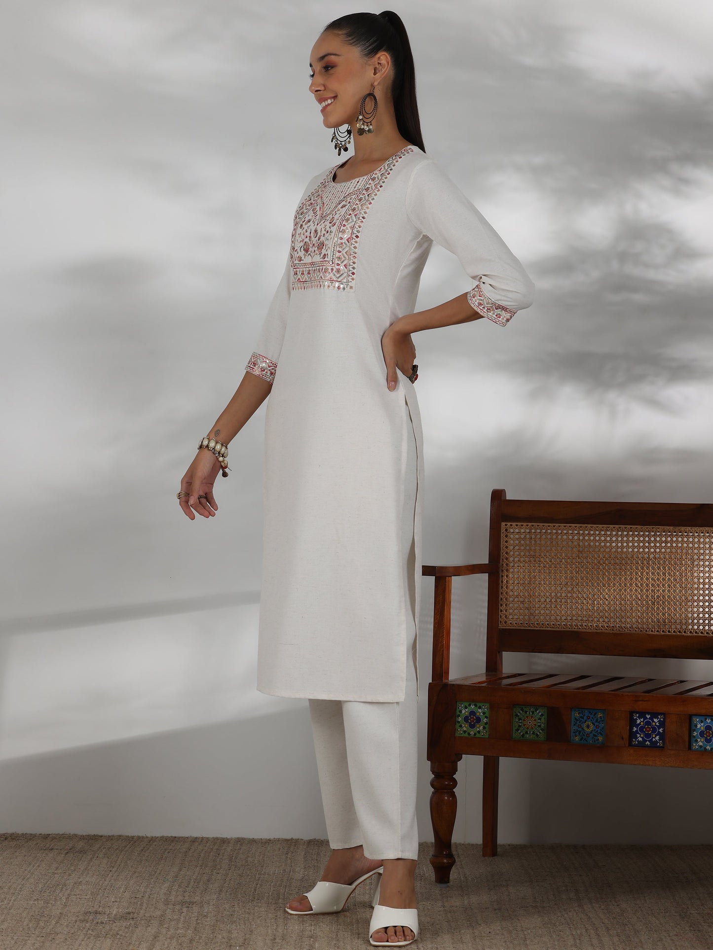 Off White Yoke Design Cotton Blend Straight Suit With Dupatta