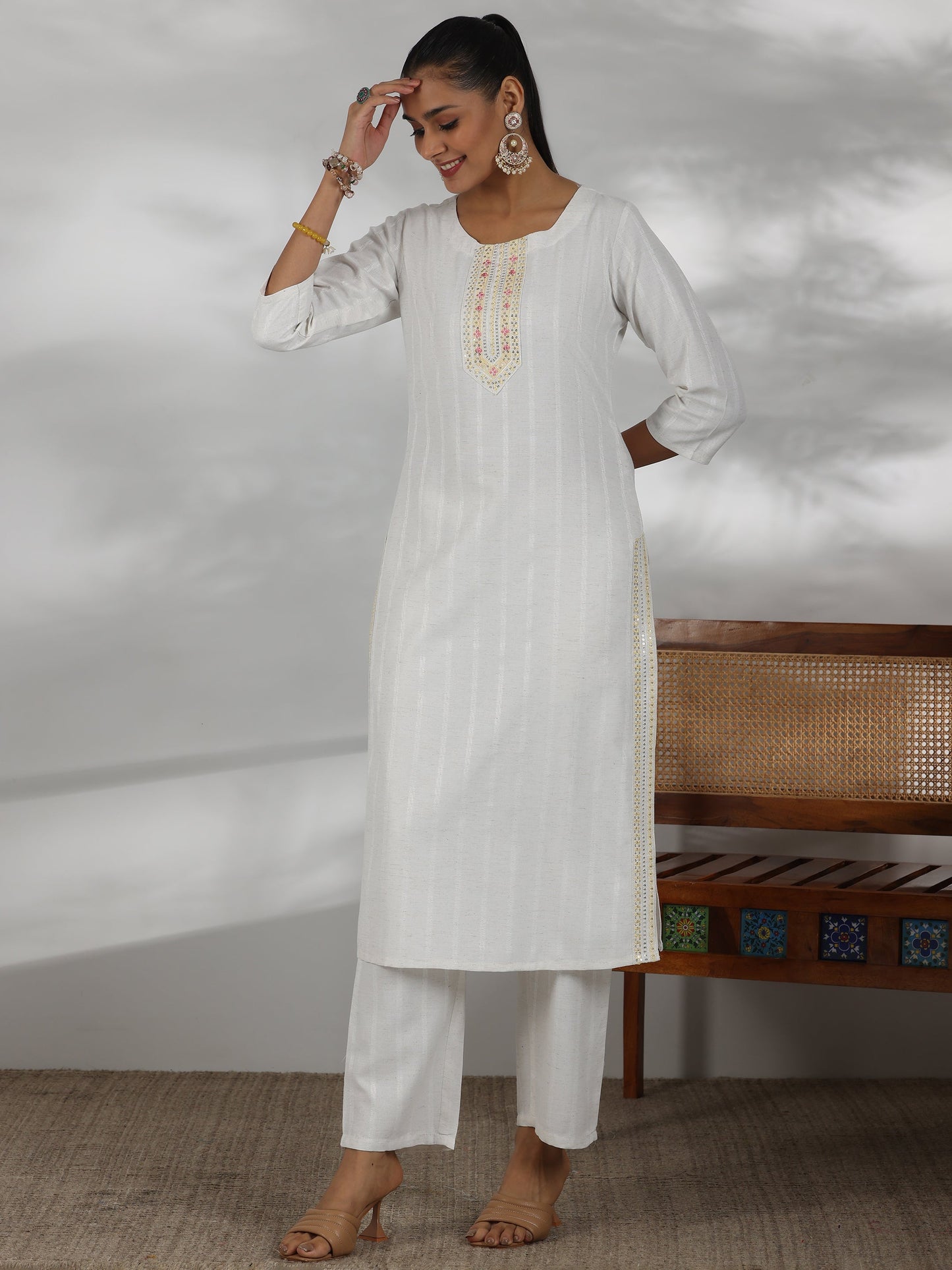 Off White Woven Design Cotton Blend Straight Suit With Dupatta