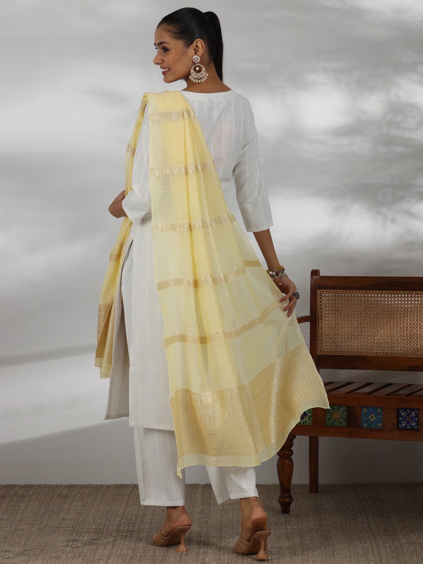 Off White Woven Design Cotton Blend Straight Suit With Dupatta