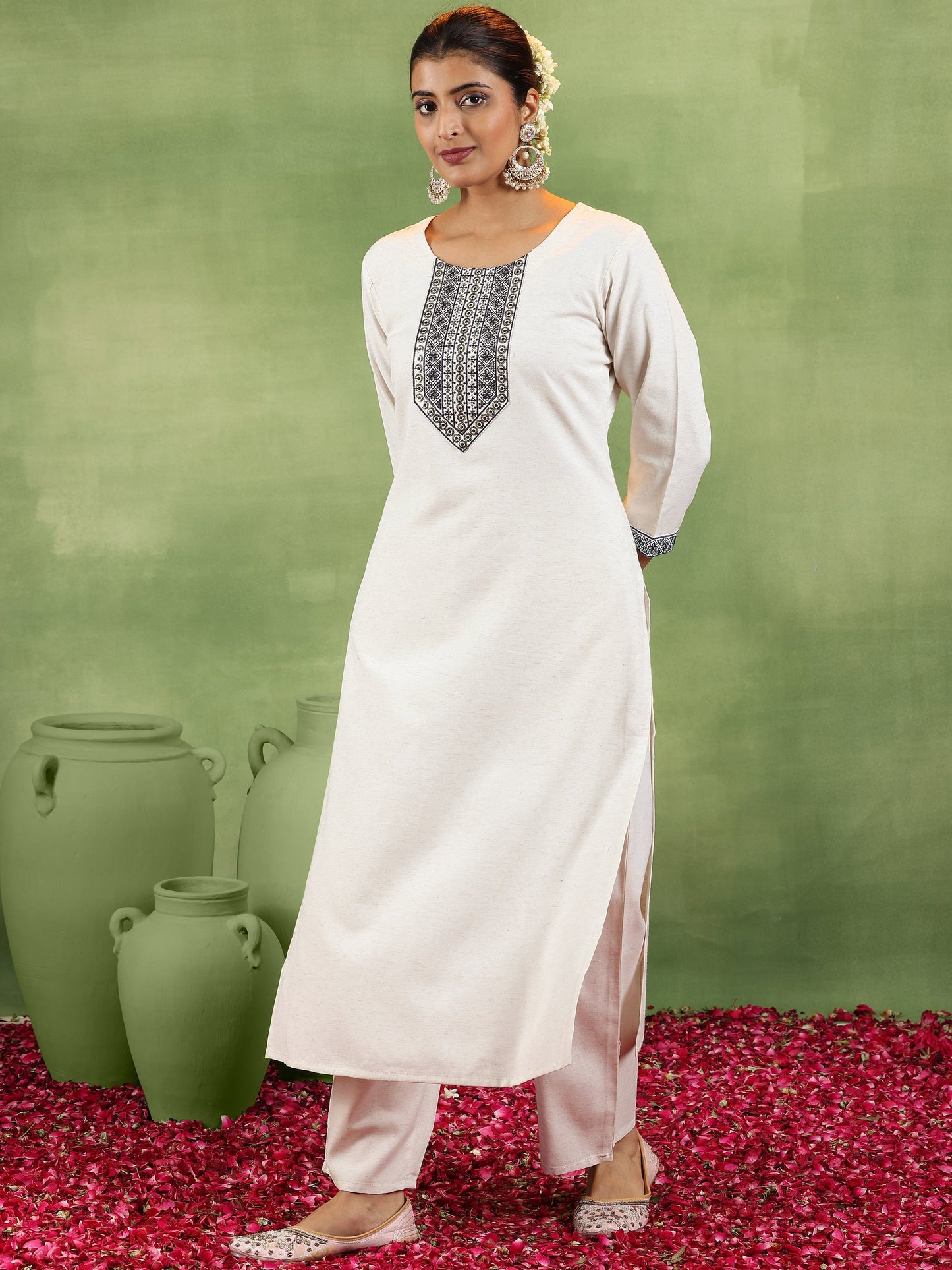 Off White Yoke Design Cotton Blend Straight Suit With Dupatta