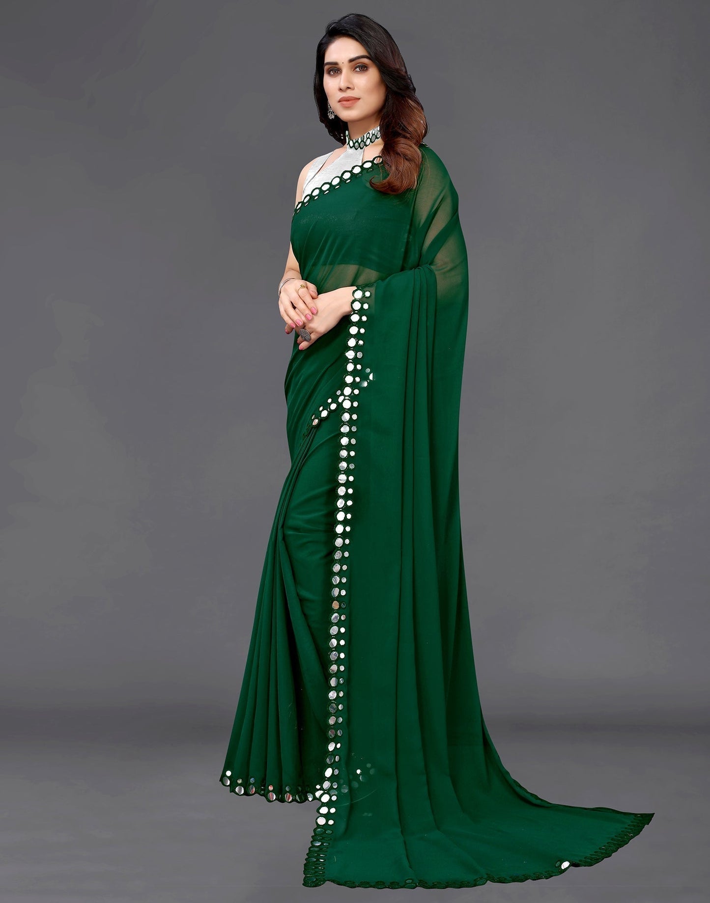 Green Georgette Mirror Work Saree