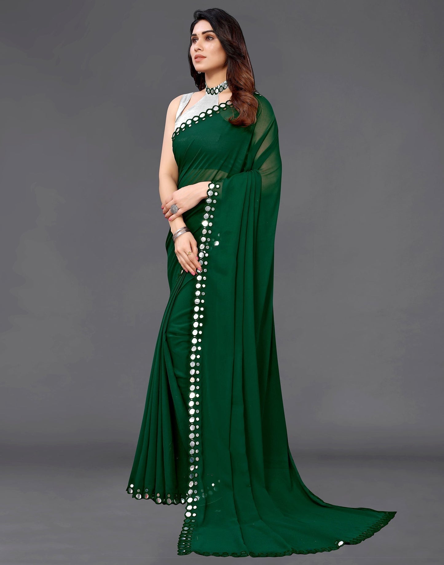 Green Georgette Mirror Work Saree