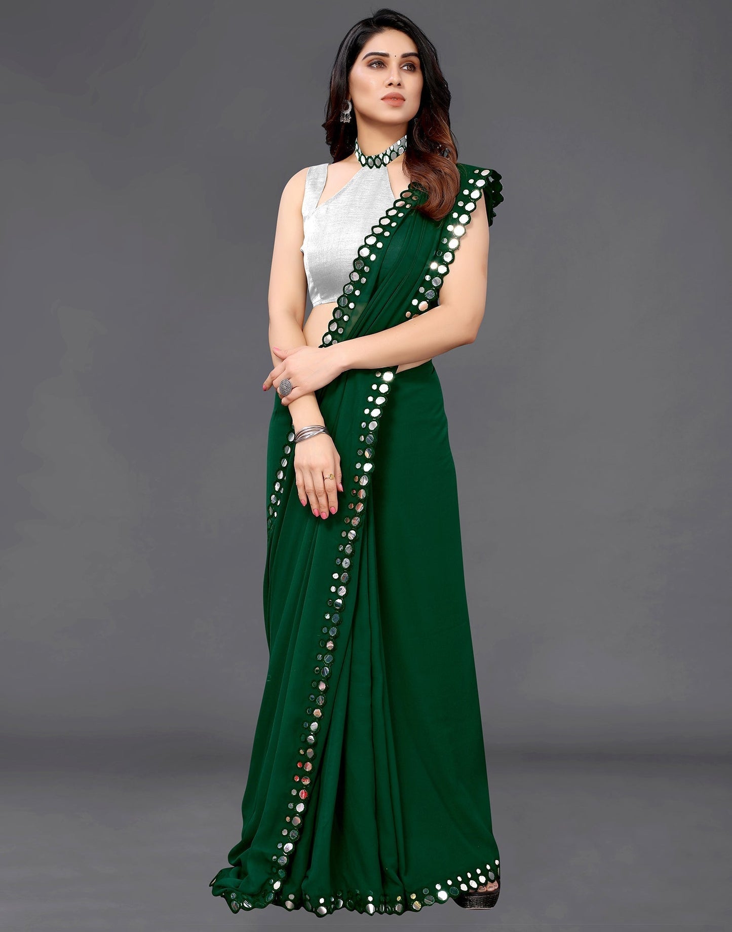 Green Georgette Mirror Work Saree