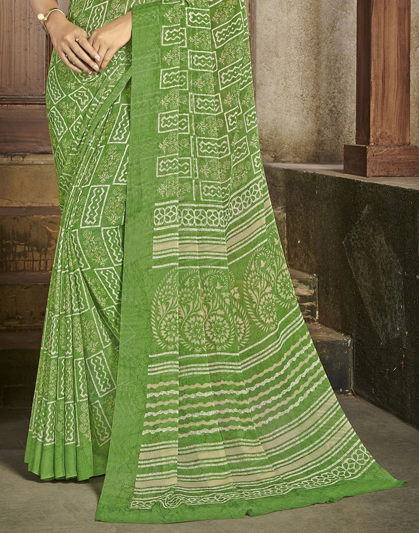 Green Chiffon Printed Saree