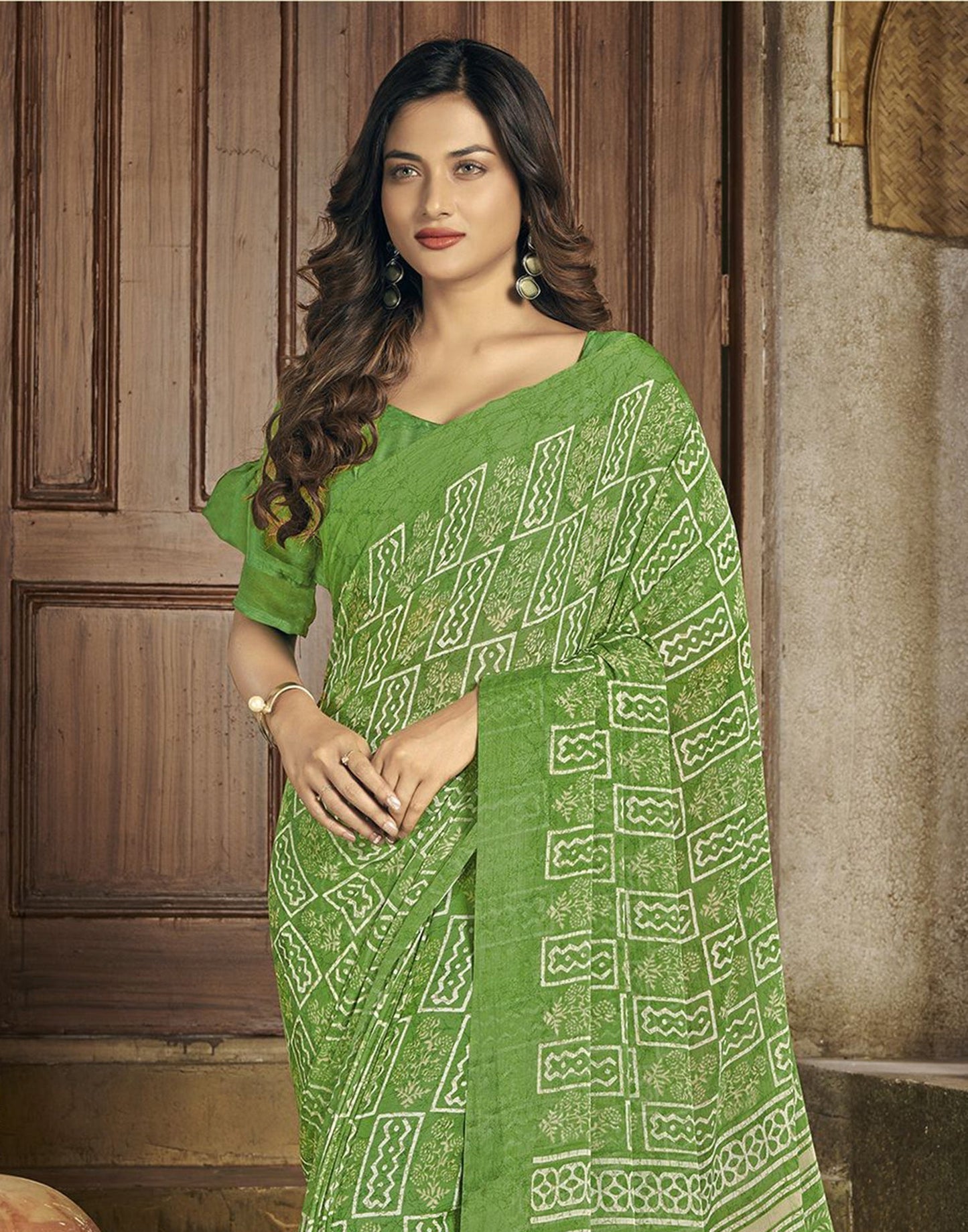 Green Chiffon Printed Saree